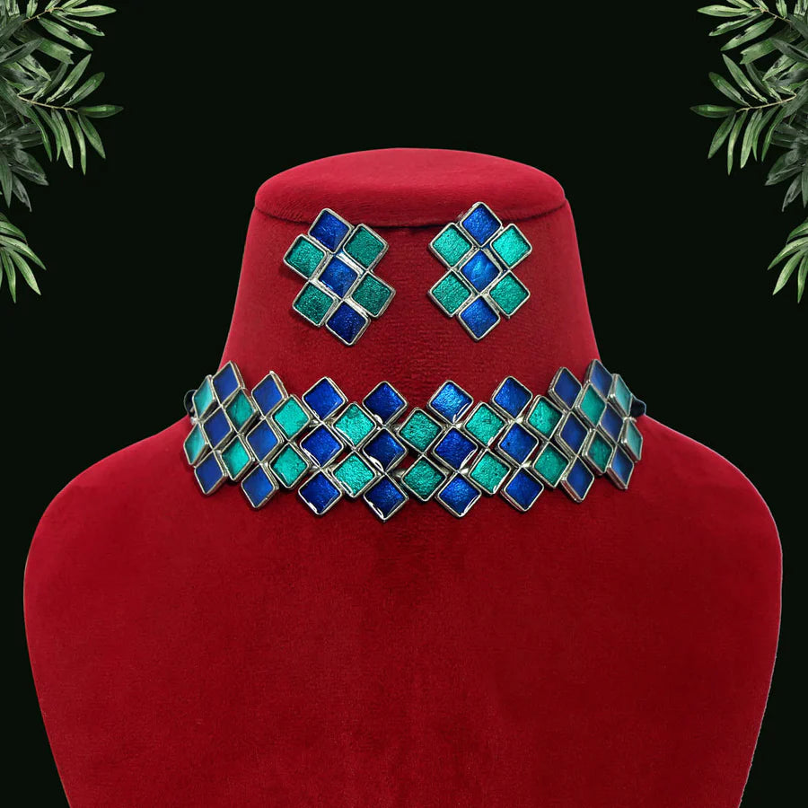 Blue & Green Oxidised Choker Set