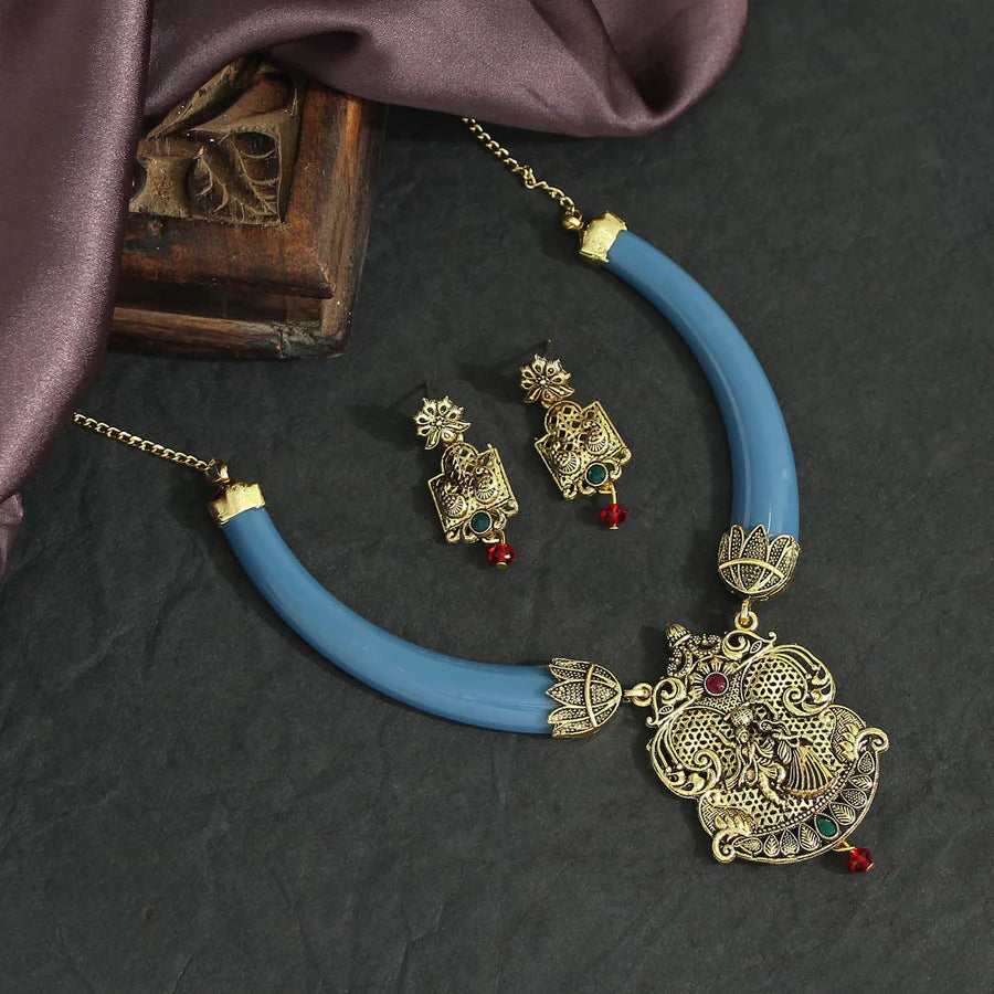 Temple Themed Oxidised Necklace Set