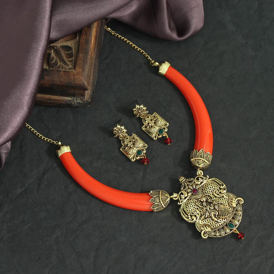 Temple Themed Oxidised Necklace Set