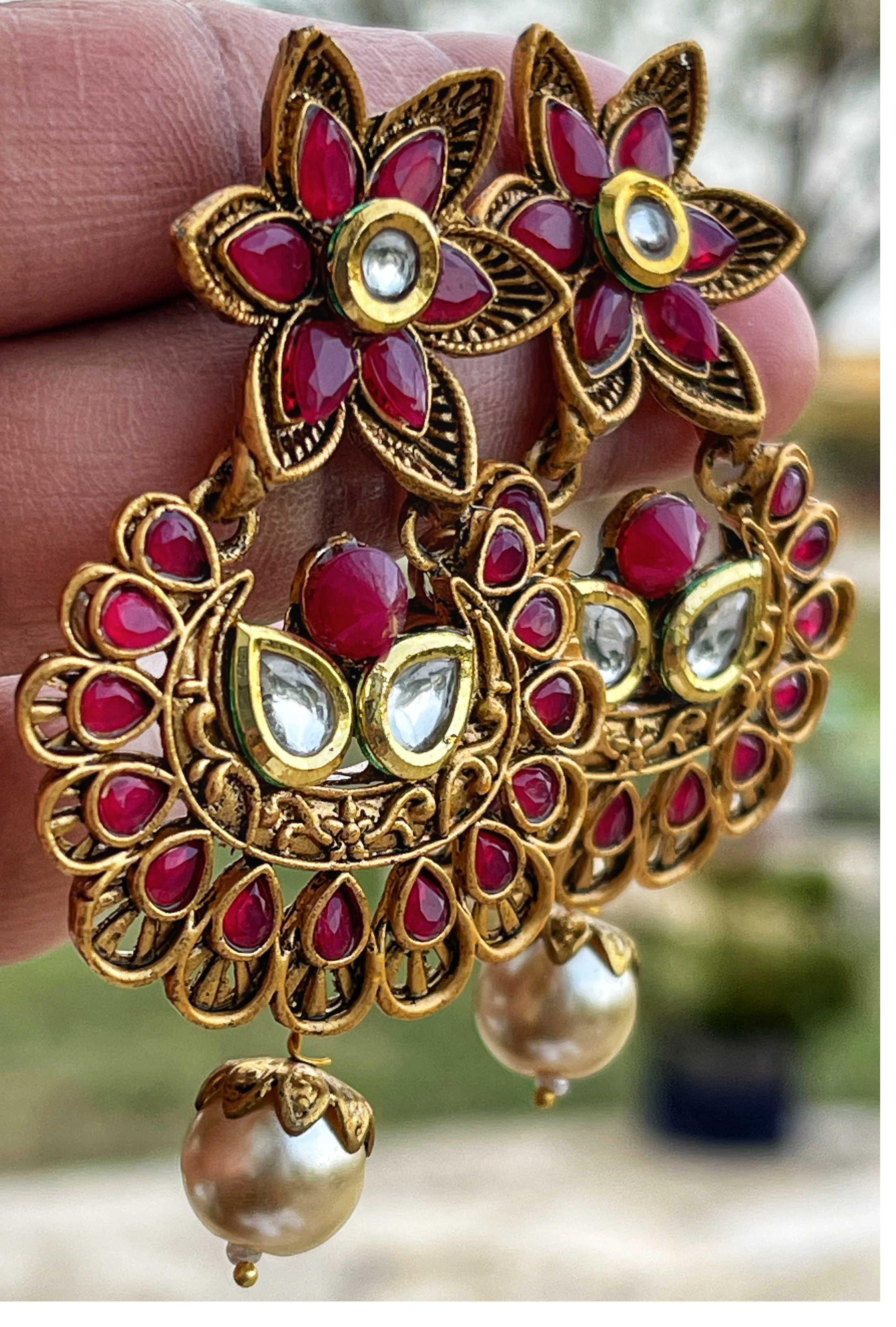 Matte Gold Plated Small Ruby Leaves Jhumkas Online | Style Club
