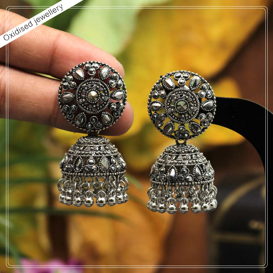 Black Silver Color Oxidised Earrings