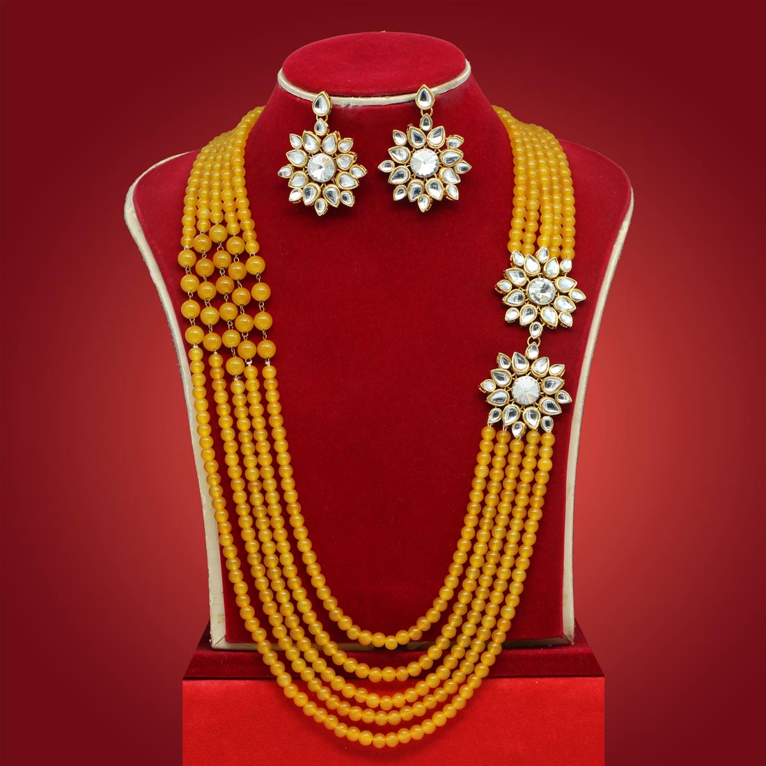 Long Kundan Necklace Set - Double Stars