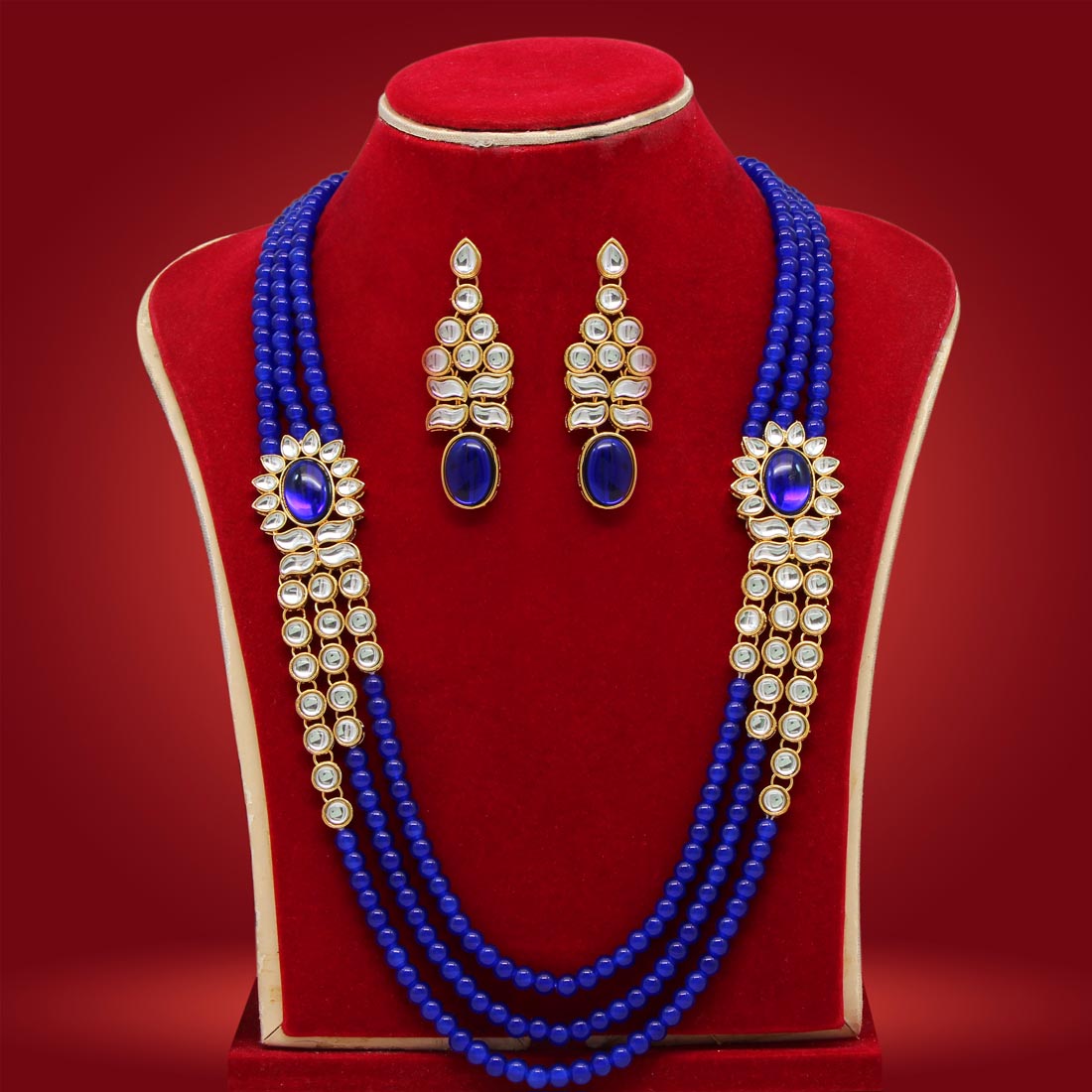 Long Kundan Necklace Set - Flowers