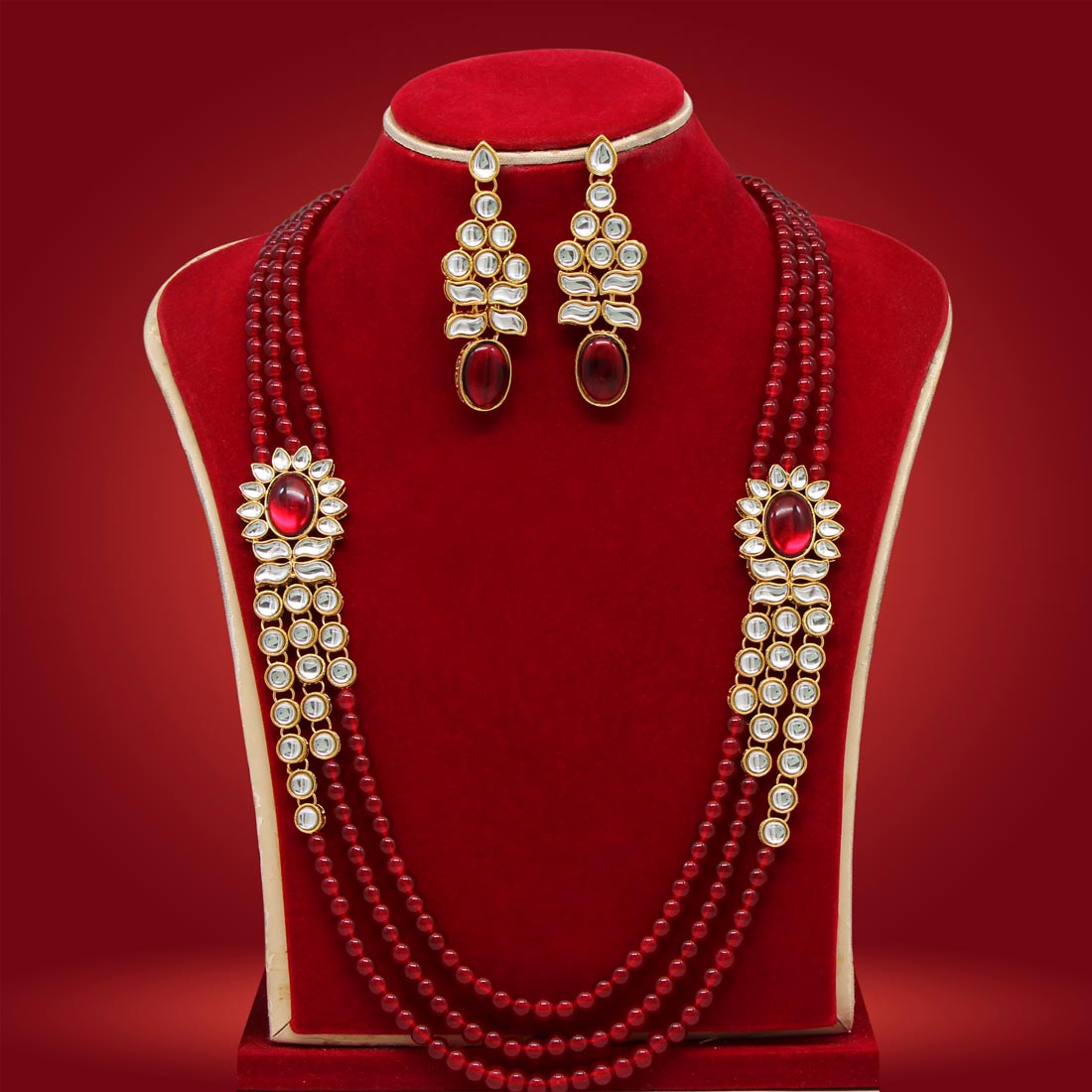 Long Kundan Necklace Set - Flowers