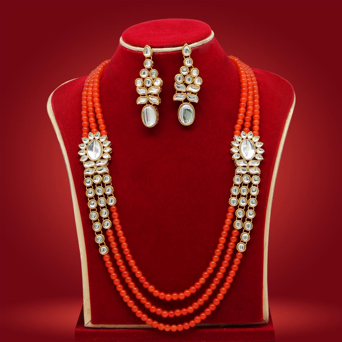 Long Kundan Necklace Set - Flowers