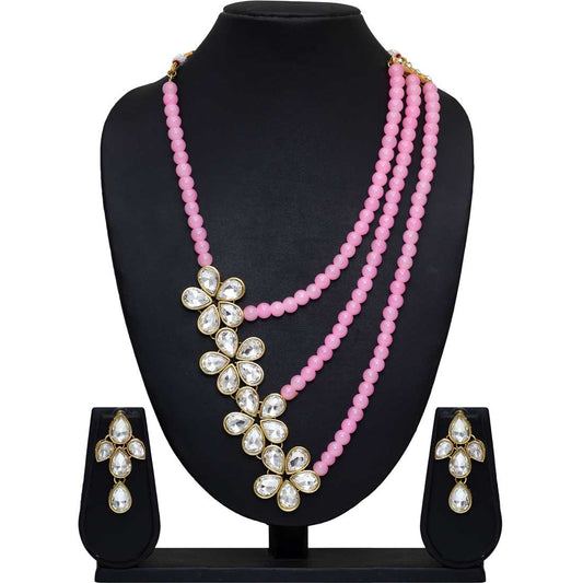 Pink Color Kundan Necklace With Earrings