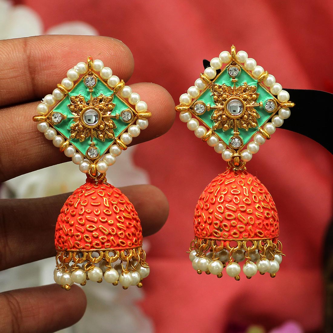 Glass Stone Mint Meena Earrings